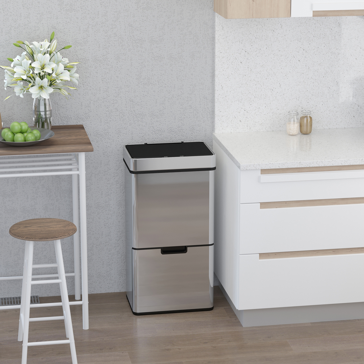 Motion Sensor Rubbish Bin, 3 Compartments Removable Lid Stainless Steel