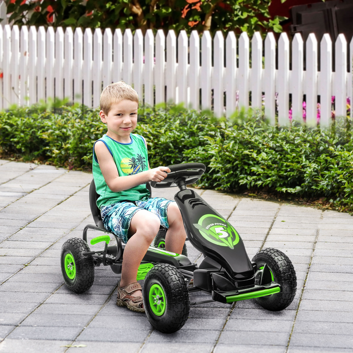 Children Pedal Go Kart with Adjustable Seat, Rubber Wheels, Brake - Green