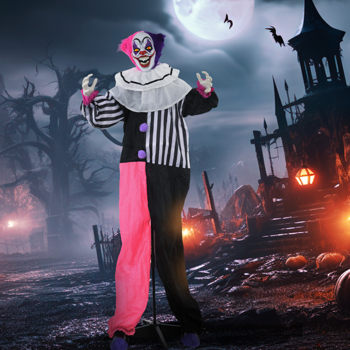 Halloween Clown Animatronic Prop with Light Up Eyes, for Indoor Outdoor, Pink And Purple Clown