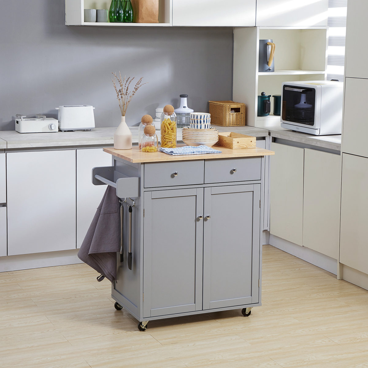 Rolling Kitchen Cart with Rubber Wood Top, Towel Rack, Hooks and Drawers