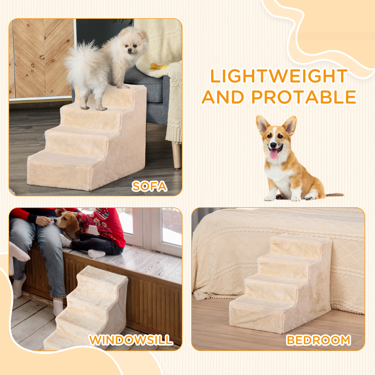 Pet Stairs 60L x 35W x 44H cm, Beige