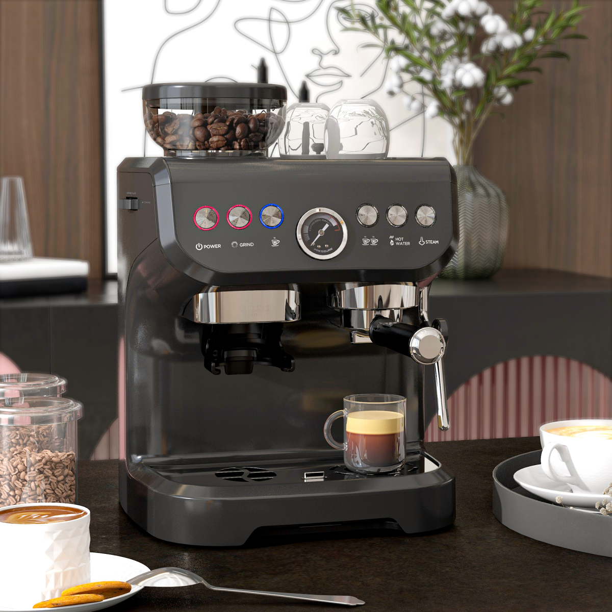 Espresso Coffee Machine w/ Integrated Bean Grinder and Steam Wand 15 Bar