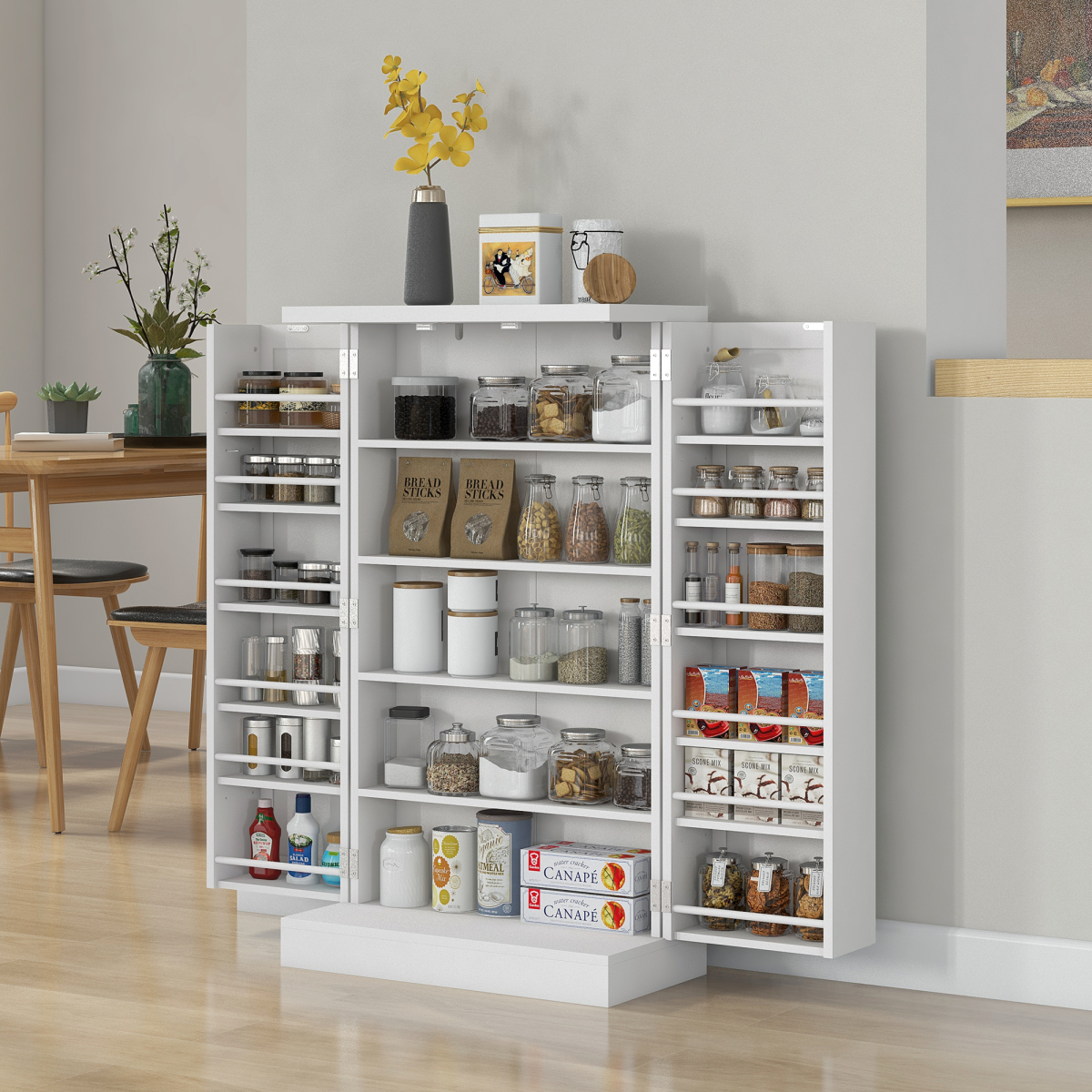Kitchen Cupboard with Double Doors, 5-Tier Shelf, 12 Spice Racks, White