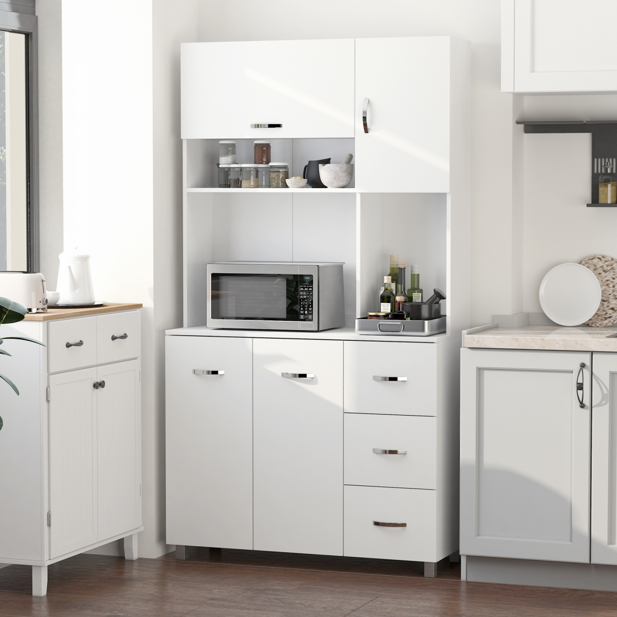 Freestanding Kitchen Storage Cabinet w/ Cupboard Cabinets Drawers Handles