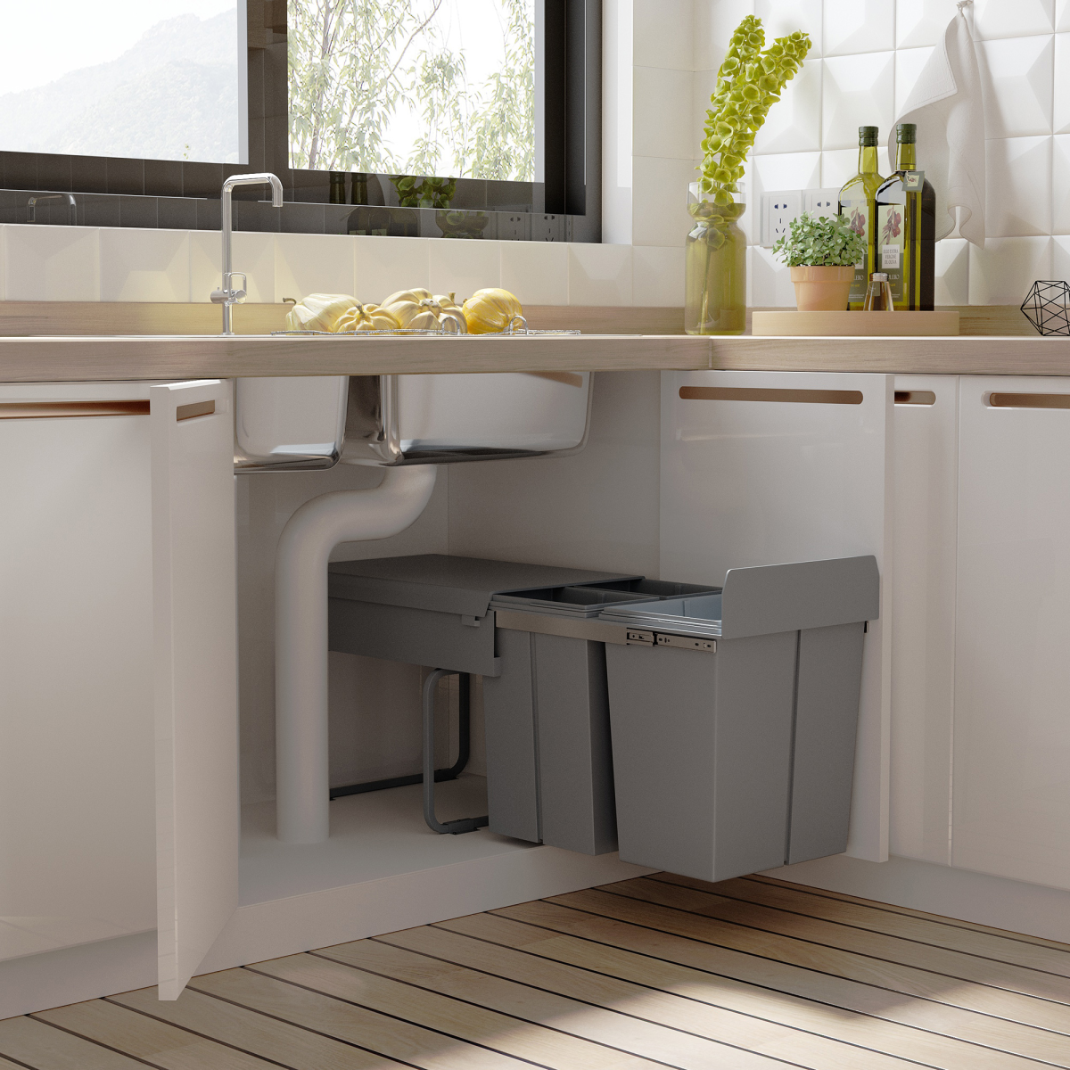 Recycle Waste Bin Pull Out Dustbin Recycling Cabinet 40L-Grey