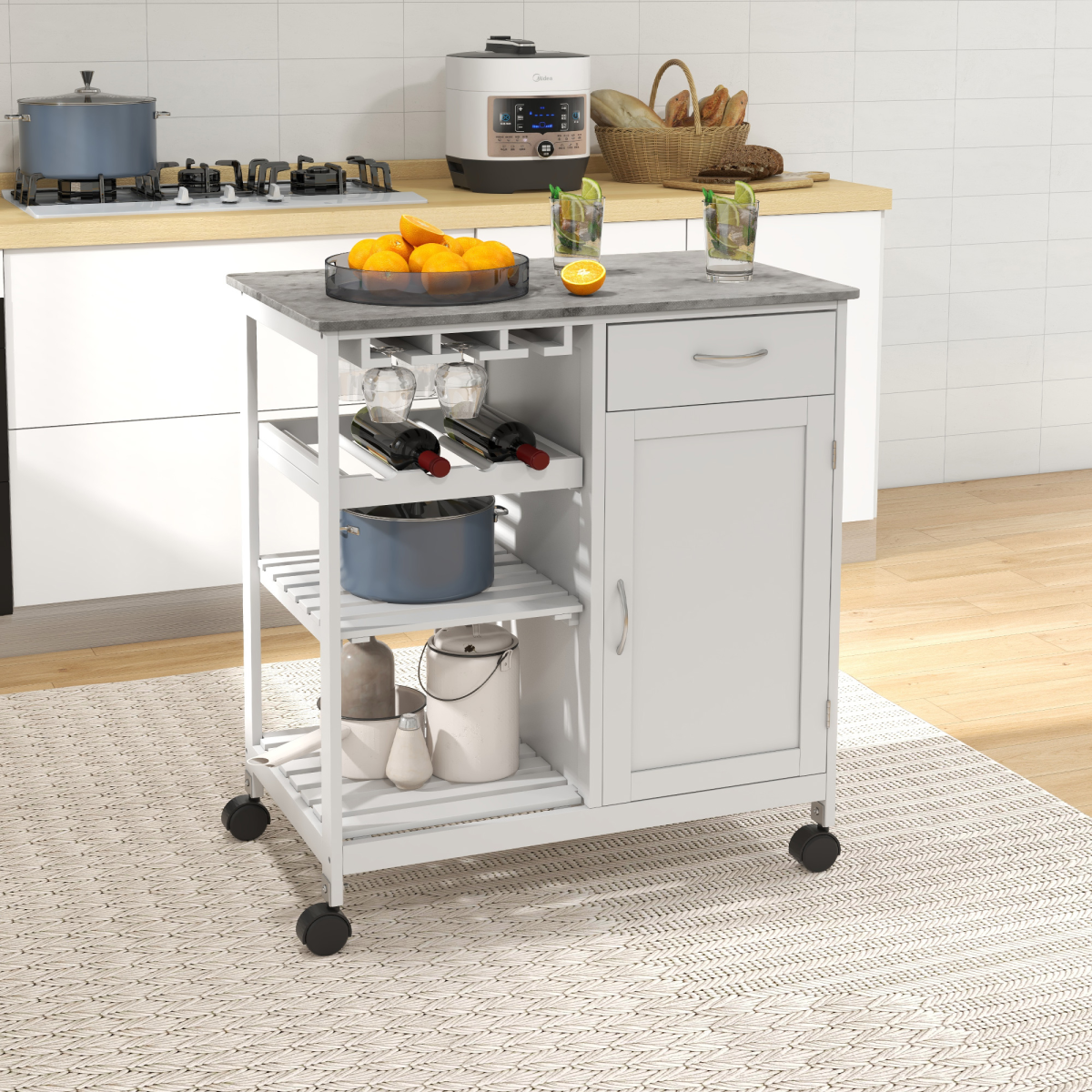 Kitchen Trolley Utility Cart on Wheels with Wine Rack, Drawer, Open Shelf