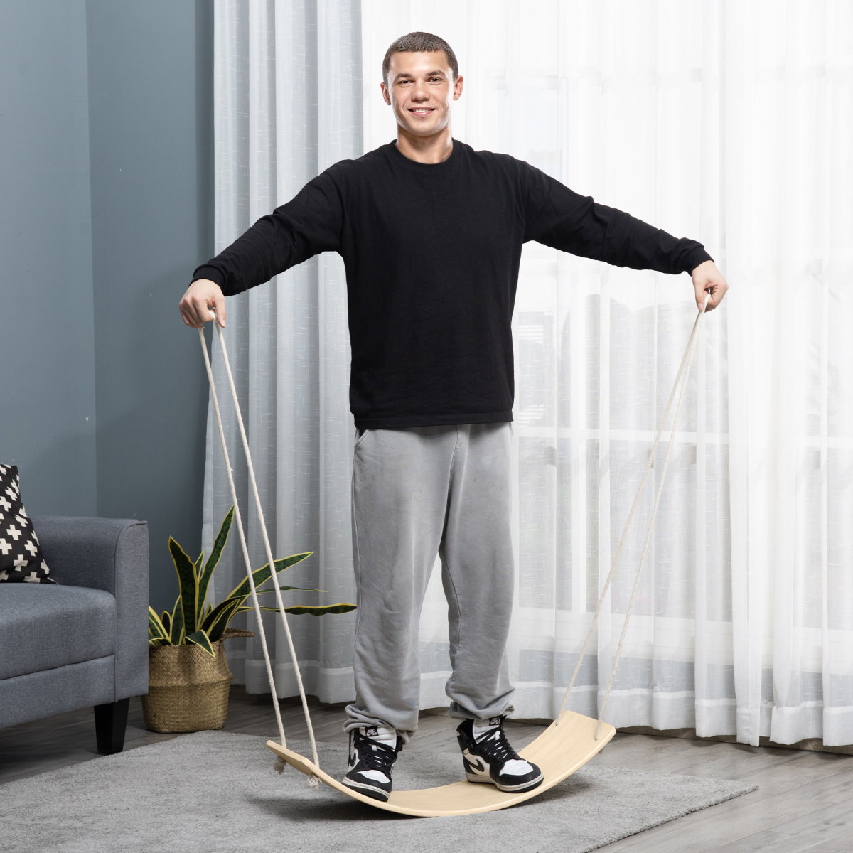 Wood Wobble Board with Ropes, Baby Rocker Balance Board for Kids, Adults