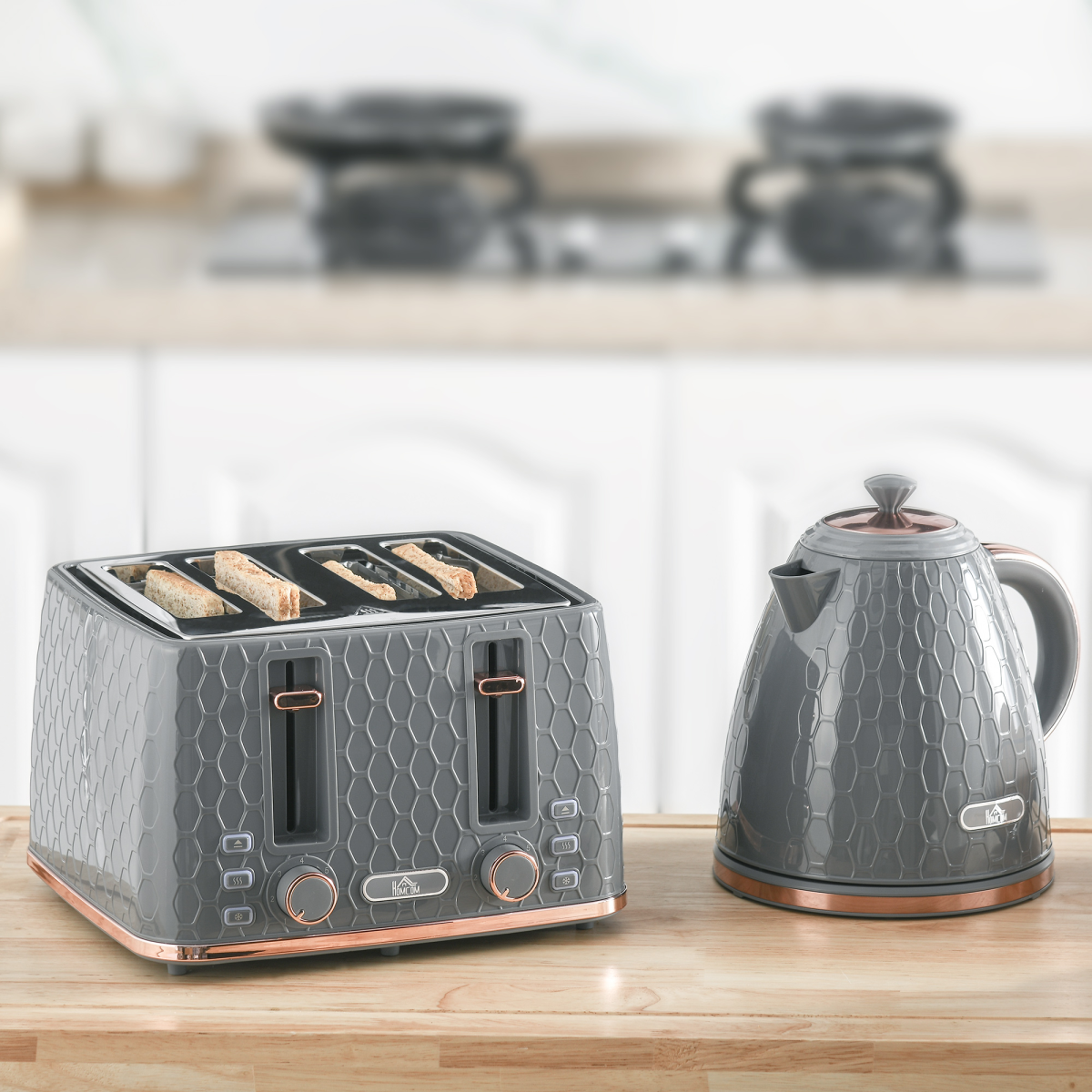 1.7L Kettle and Toaster Set with Defrost, Reheat and Crumb Tray, Grey