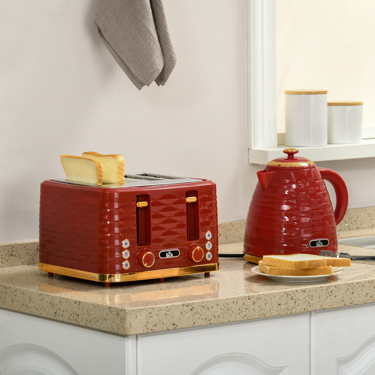Kettle and Toaster Set 1.7L Rapid Boil Kettle and 4 Slice Toaster Red