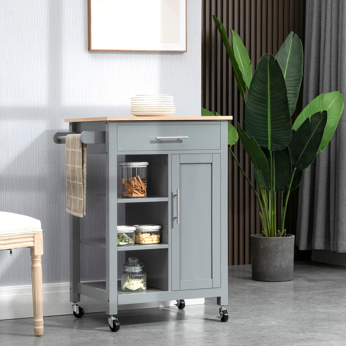 Kitchen Trolley Utility Cart on Wheels with Open Shelf and Storage Drawer