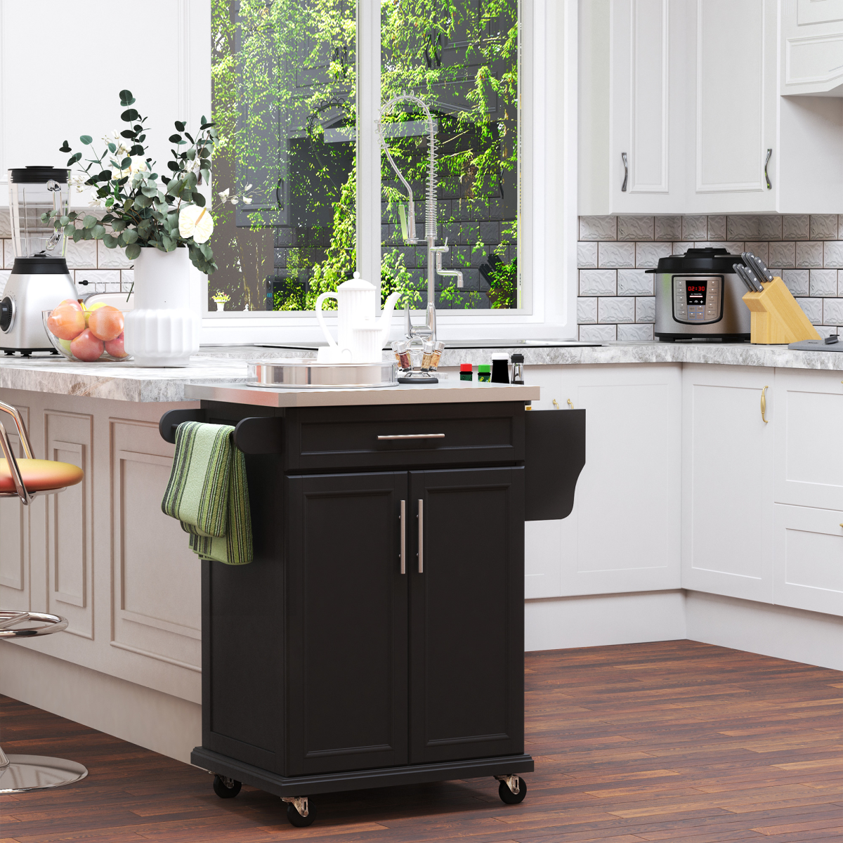 Rolling Kitchen Cart Storage Trolley with Drawer Towel Rail Steel Black