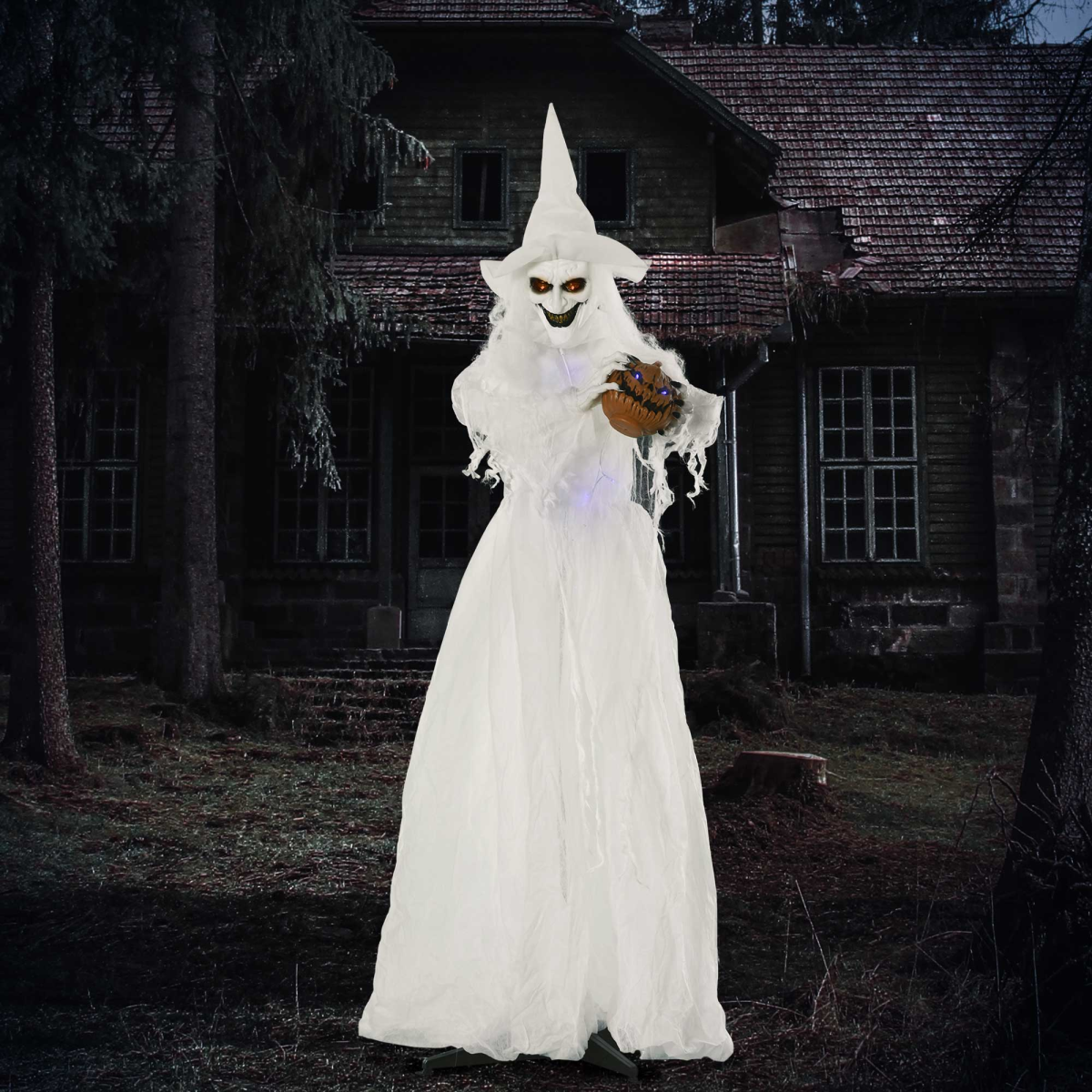 72 Inch Halloween White Witch Holding Pumpkin Skeleton Ghost Motion