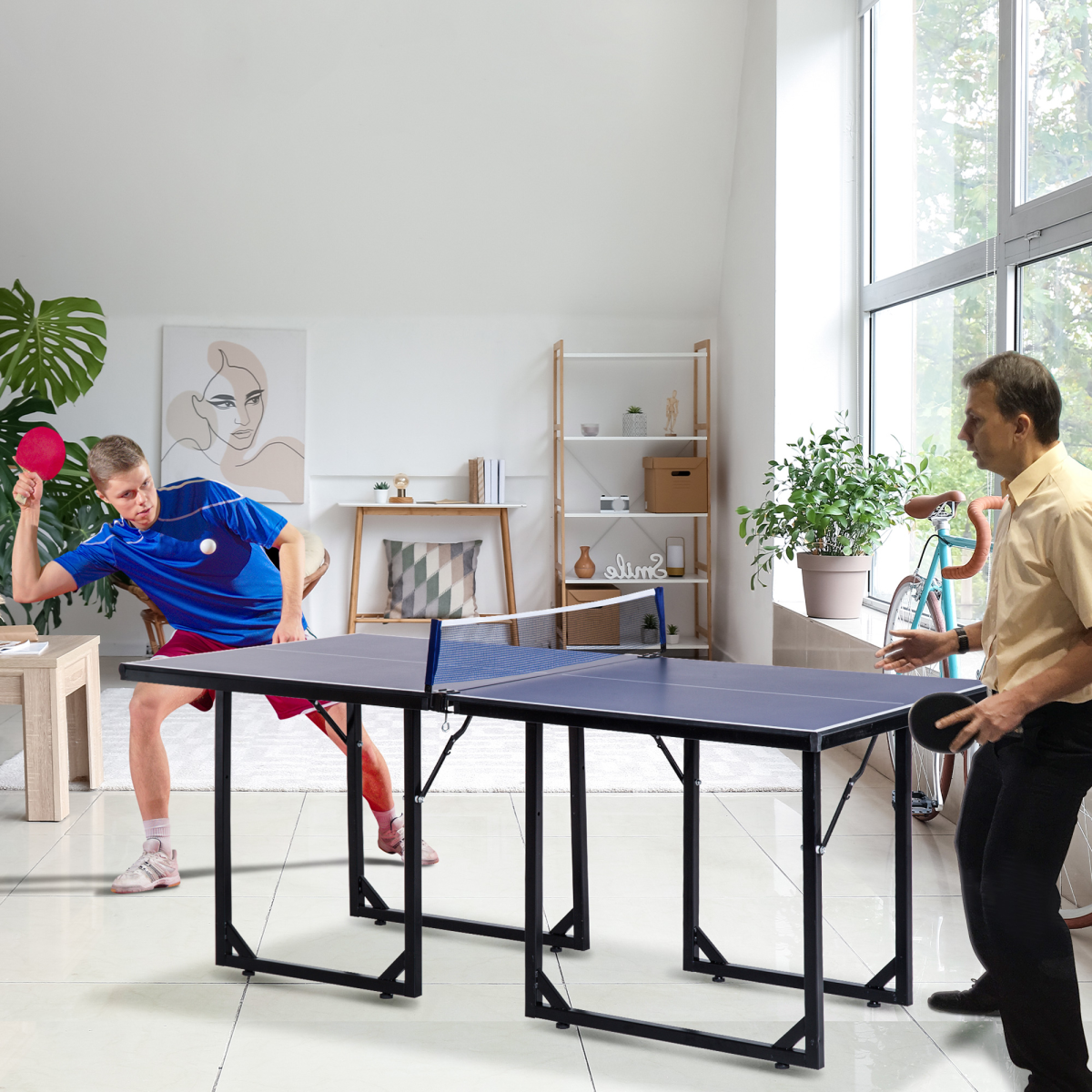 Tennis Table Ping Pong Foldable with Net Game Steel 183cm Indoor, Blue