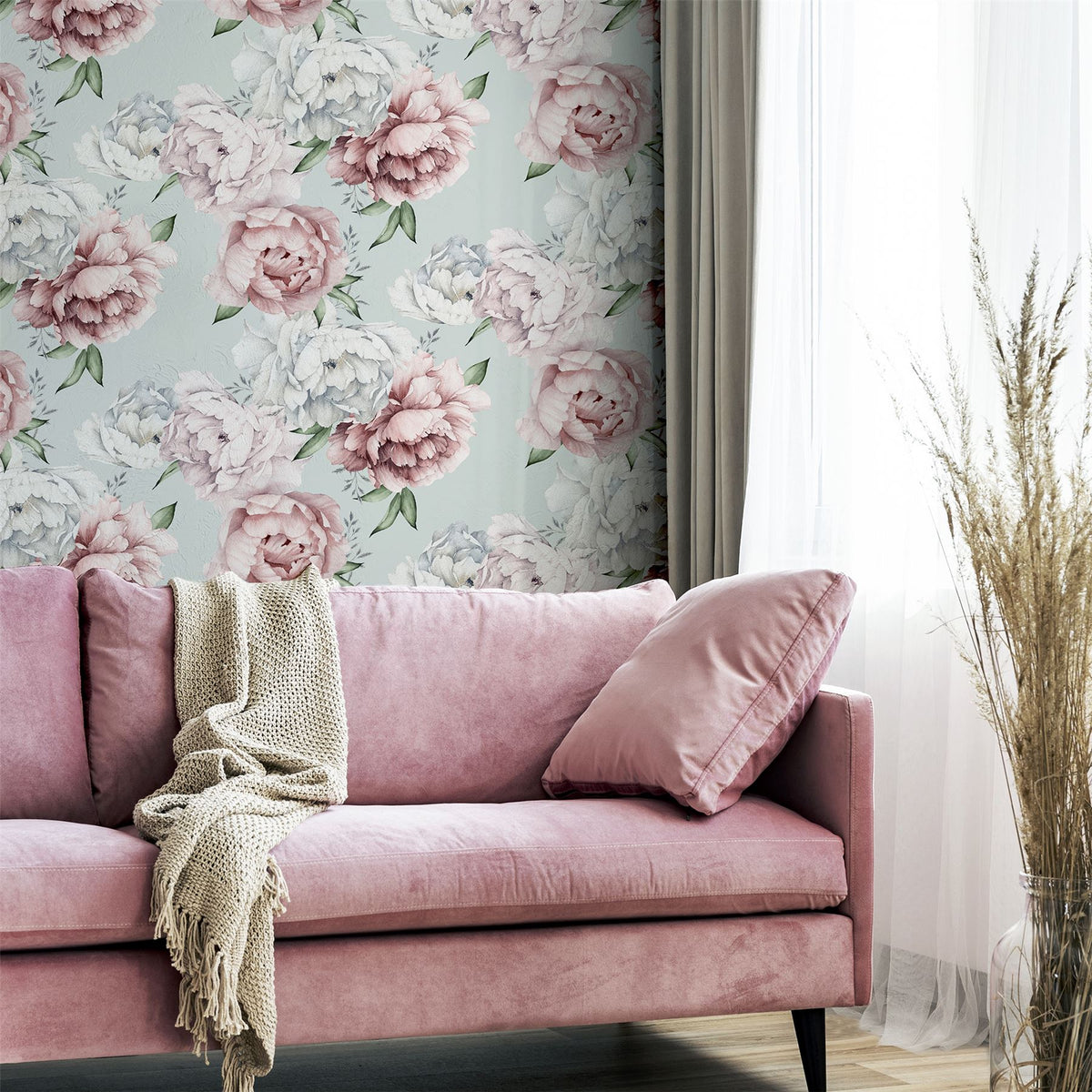 Mixed Peonies Mint Wallpaper image 1