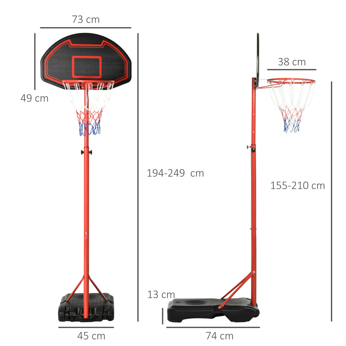 200-250cm Adjustable Basketball Hoop Backboard with Wheels For Kids