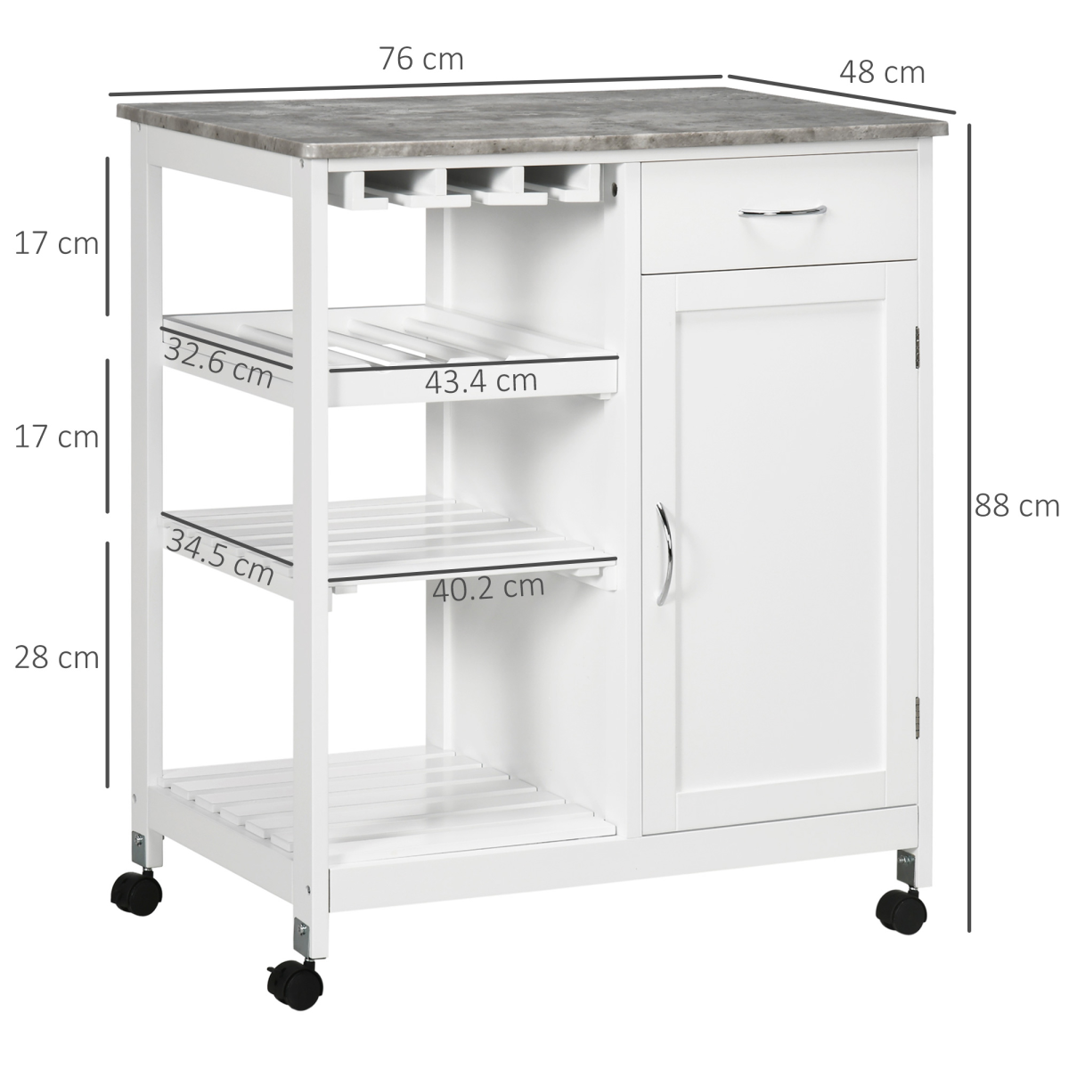 Kitchen Trolley Utility Cart on Wheels with Wine Rack, Drawer, Open Shelf