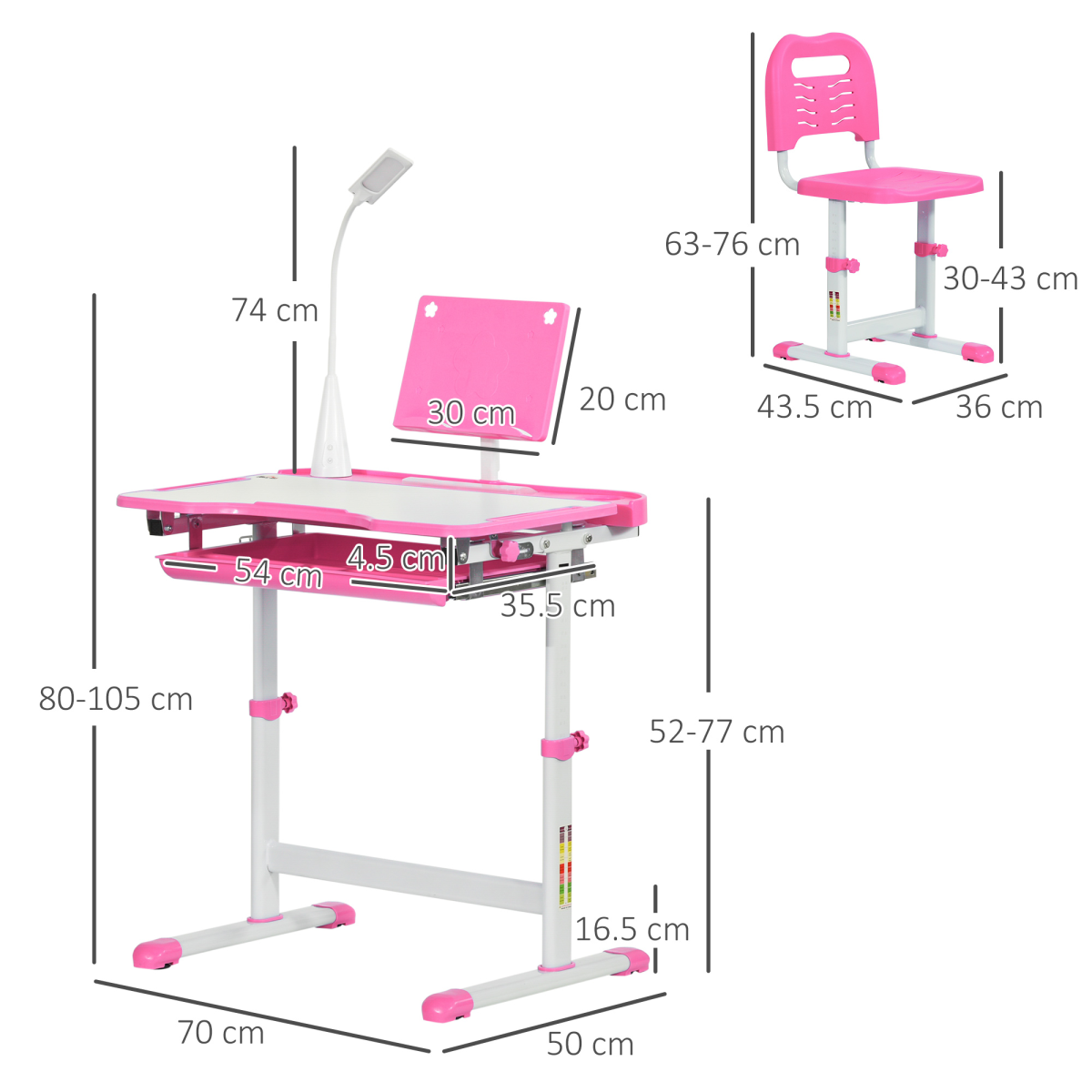 Kids Study Desk and Chair Set with Adjustable Height, Storage Drawer - Pink