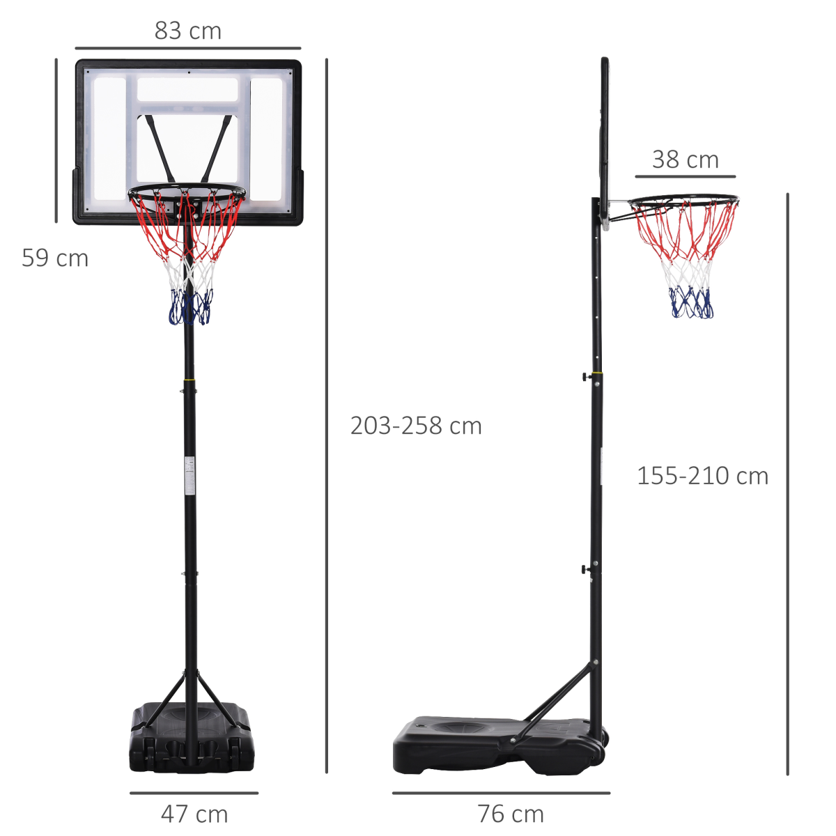 1.55-2.1m Basketball Hoop and Stand with Fillable Base, Wheels, Black