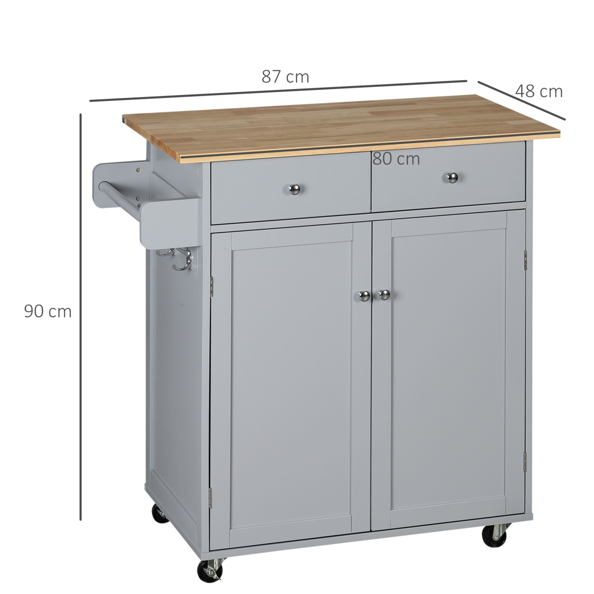 Rolling Kitchen Cart with Rubber Wood Top, Towel Rack, Hooks and Drawers