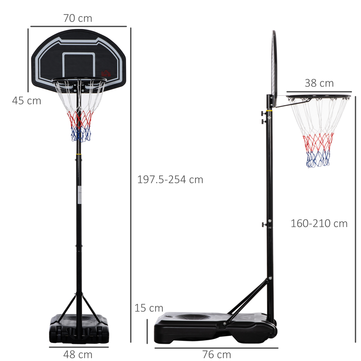 Adjustable Basketball Hoop Stand with Wheels and Weight Base 1.6-2.1m