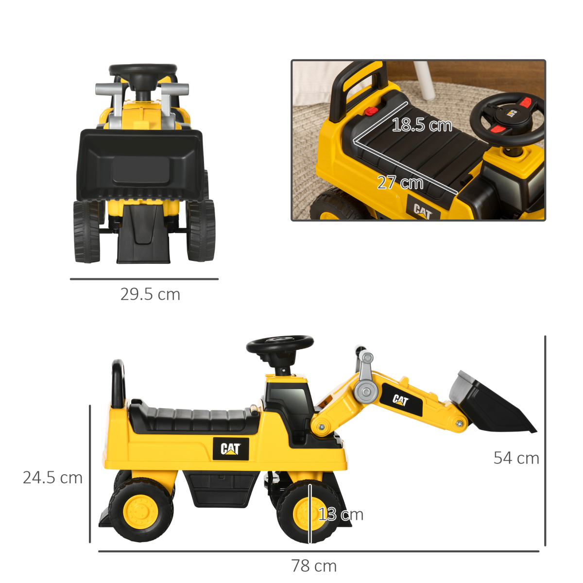 CAT Licensed Kids Construction Ride-On with Manual Shovel, for 1-3 Years
