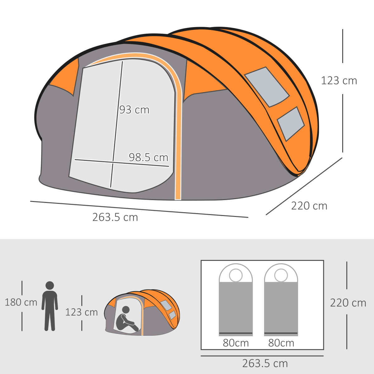 Camping Tent Dome Pop-up Tent with Windows for 4-5 Person Orange