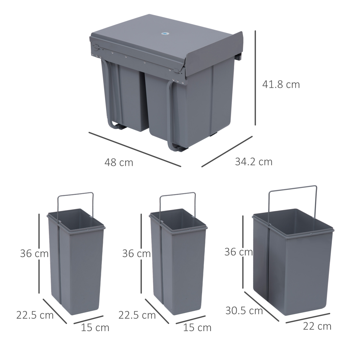Recycle Waste Bin Pull Out Dustbin Recycling Cabinet 40L-Grey
