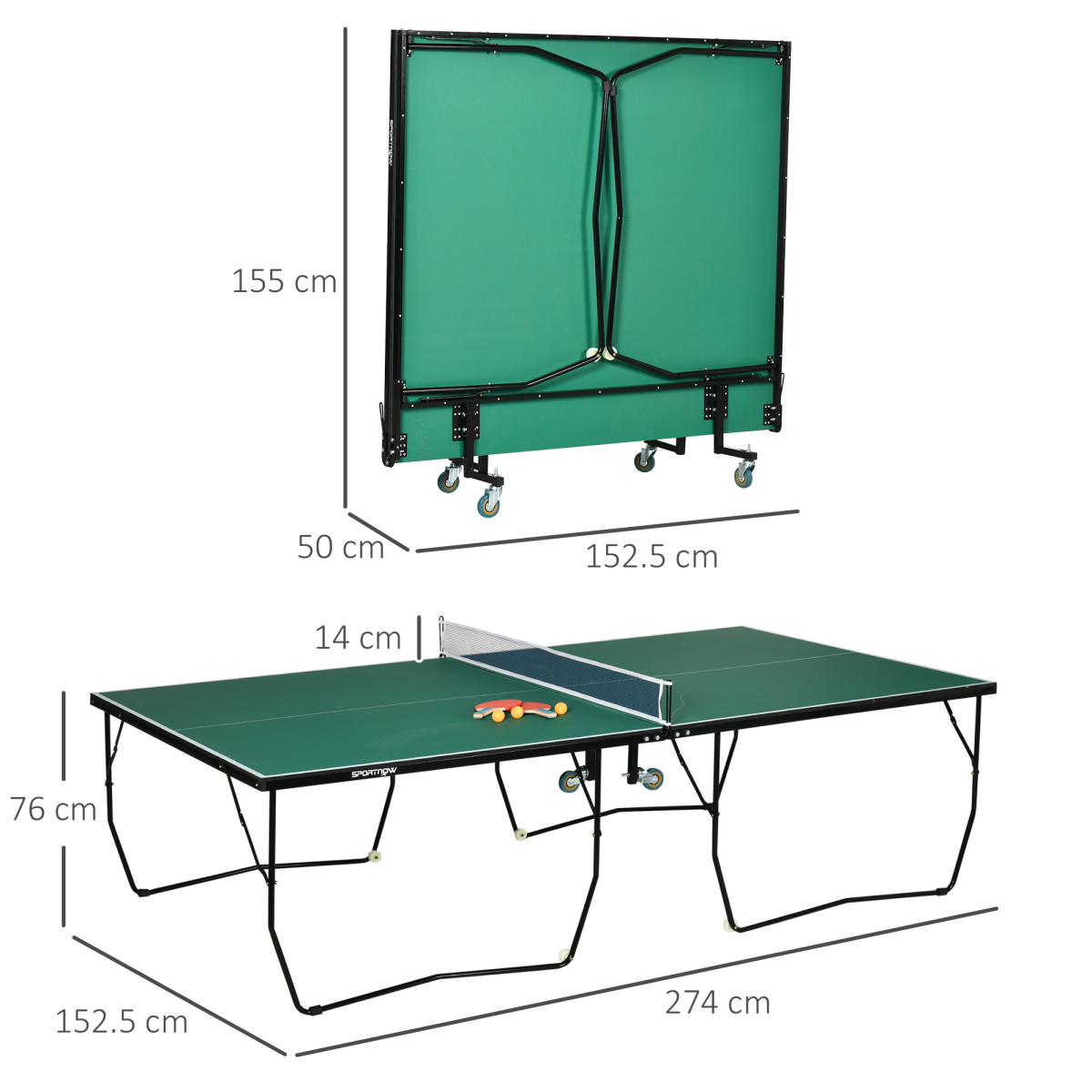 9FT Folding Table Tennis Table with 8 Wheels, for Indoors, Outdoors