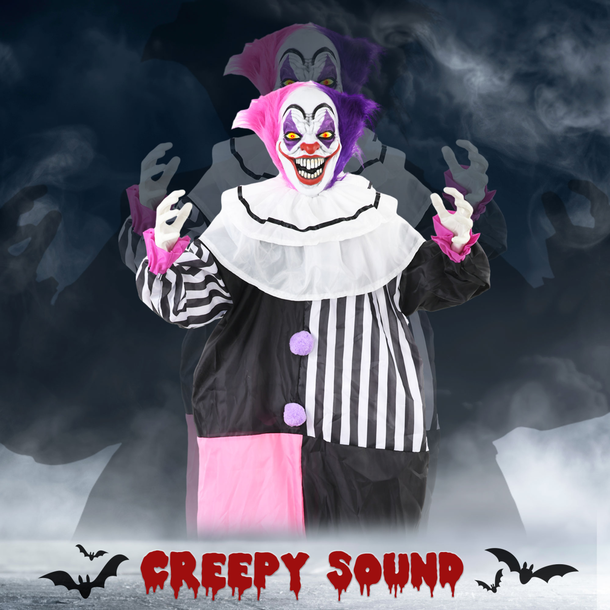 Halloween Clown Animatronic Prop with Light Up Eyes, for Indoor Outdoor, Pink And Purple Clown