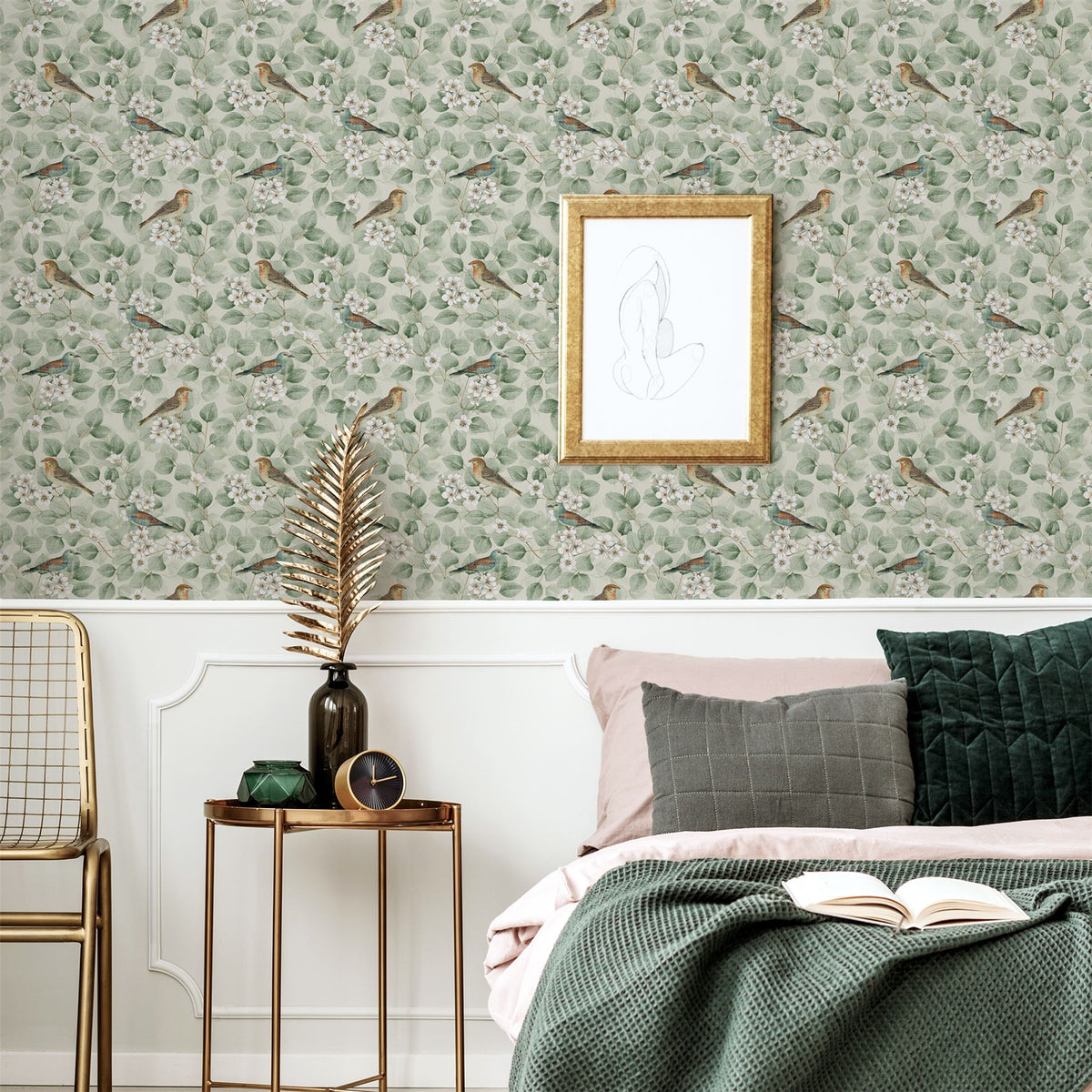 Birds & Blossoms Green Wallpaper image 1