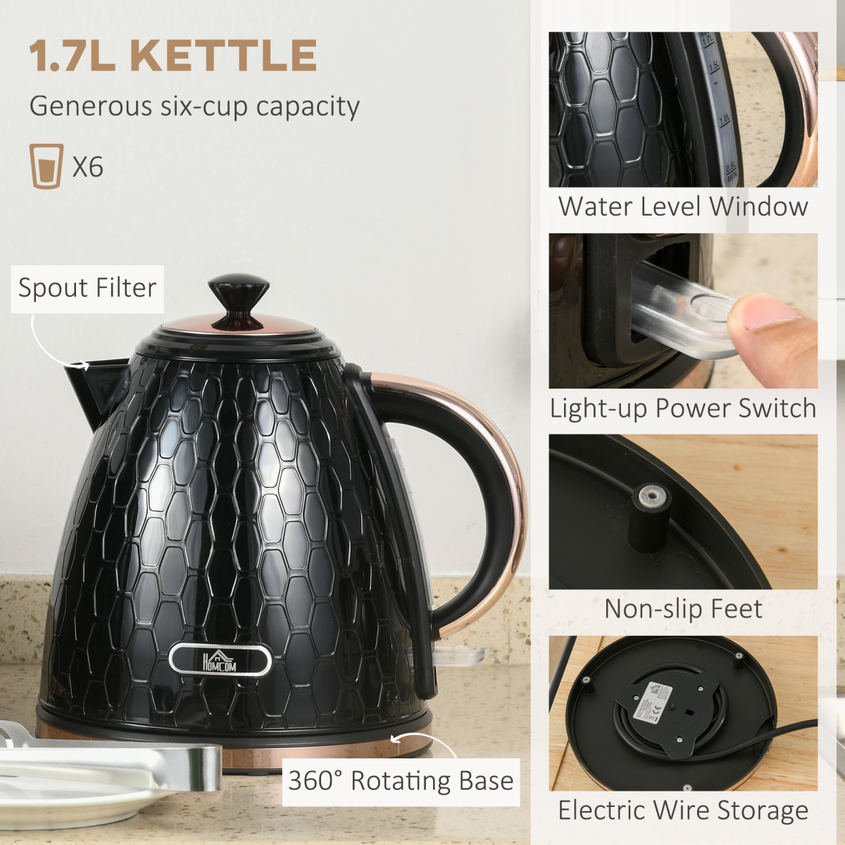 1.7L Kettle and Toaster Set with Defrost, Reheat and Crumb Tray, Black