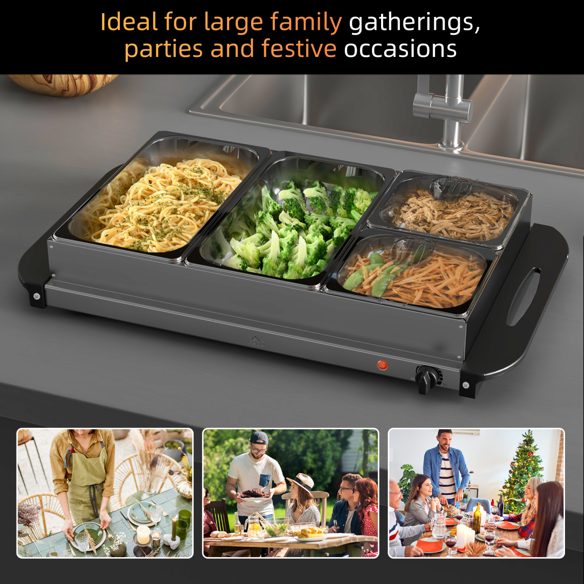 4 Tray Electric Food Warmer Buffet Server with Adjustable Temp 300W
