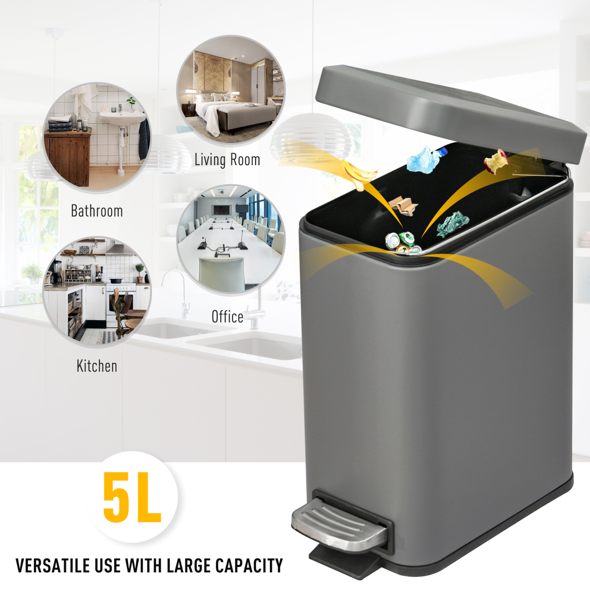 5L Steel Step Trash Can with Quiet-Closed Lid, Silent and Gentle Open