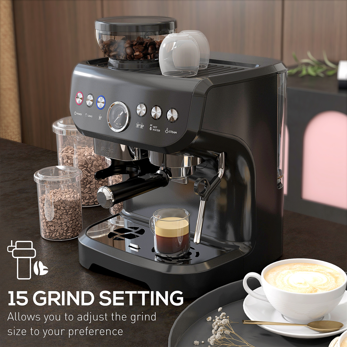 Espresso Coffee Machine w/ Integrated Bean Grinder and Steam Wand 15 Bar