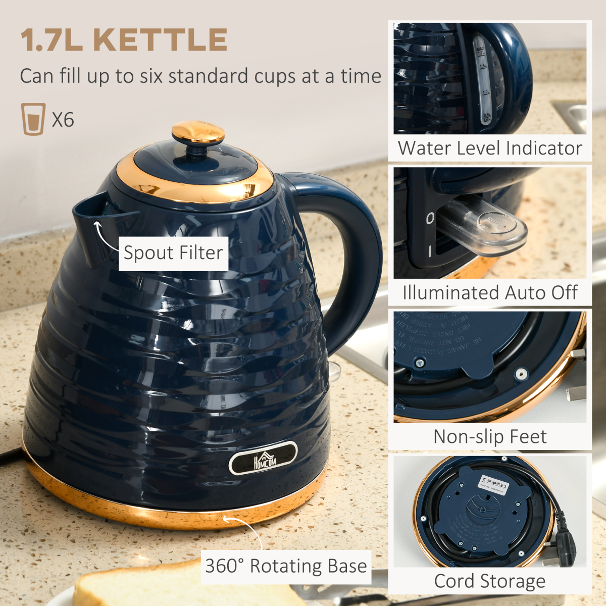 Kettle and Toaster Set 1.7L Rapid Boil Kettle and 4 Slice Toaster Blue
