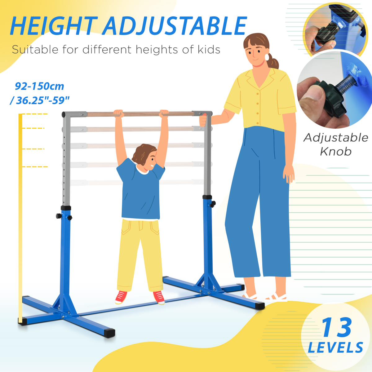 Adjustable Kids Gymnastics Bar Horizontal Training with Steel Frame Wood Bar