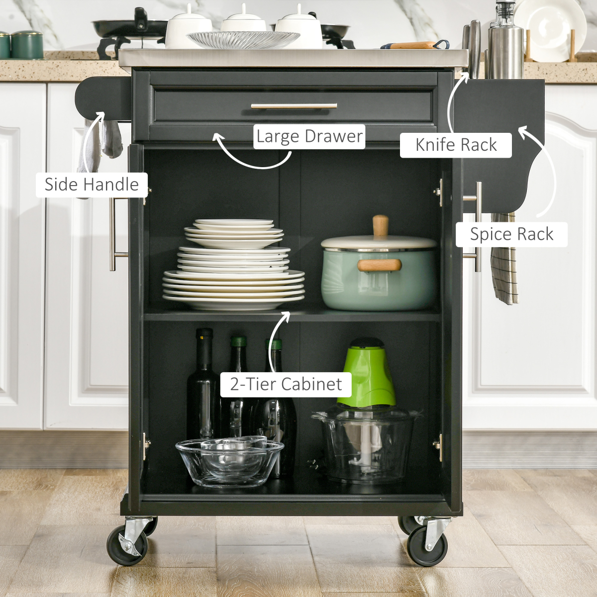 Rolling Kitchen Cart Storage Trolley with Drawer Towel Rail Steel Black
