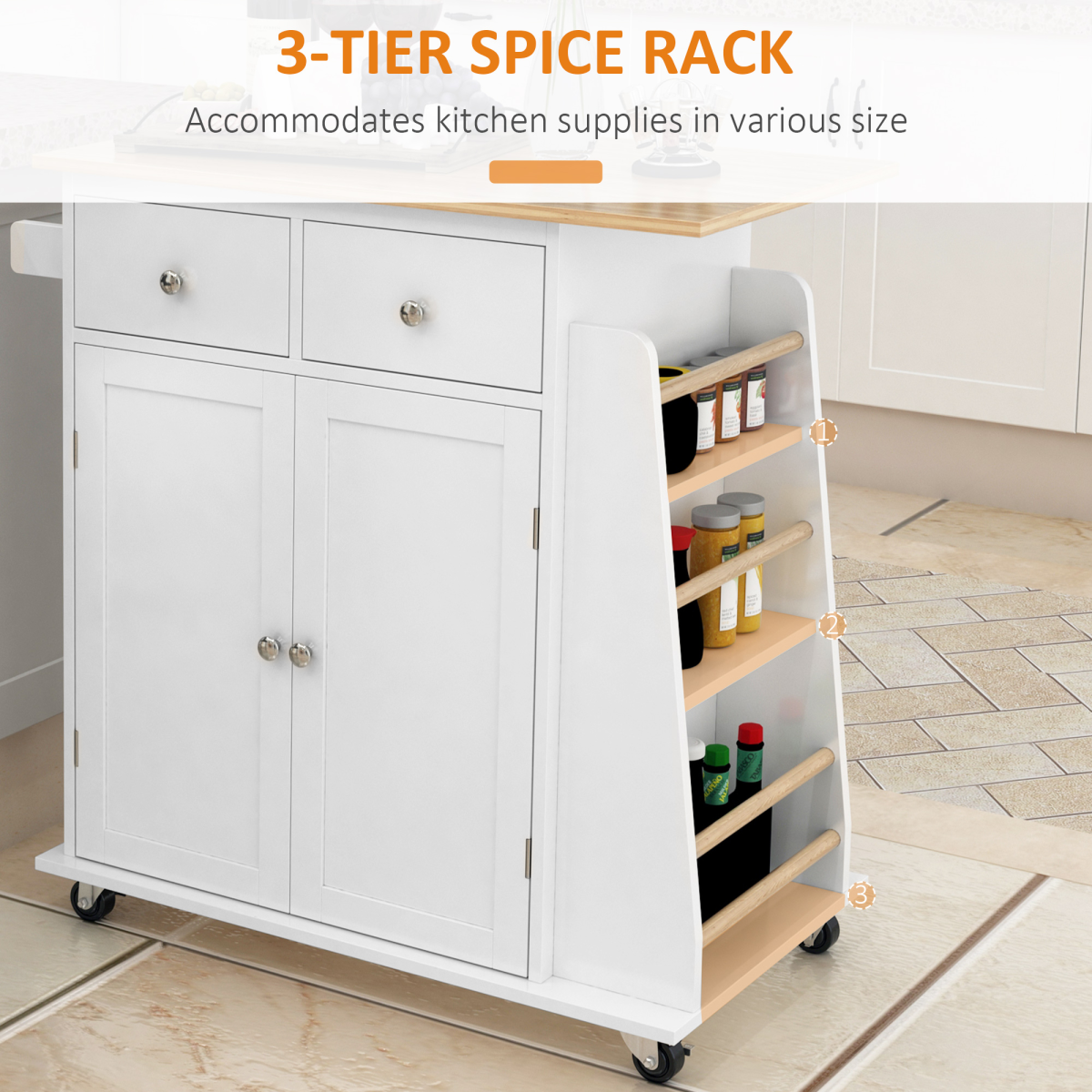 Kitchen Island Storage Rubber Wood Top, 3-Tier Spice Rack