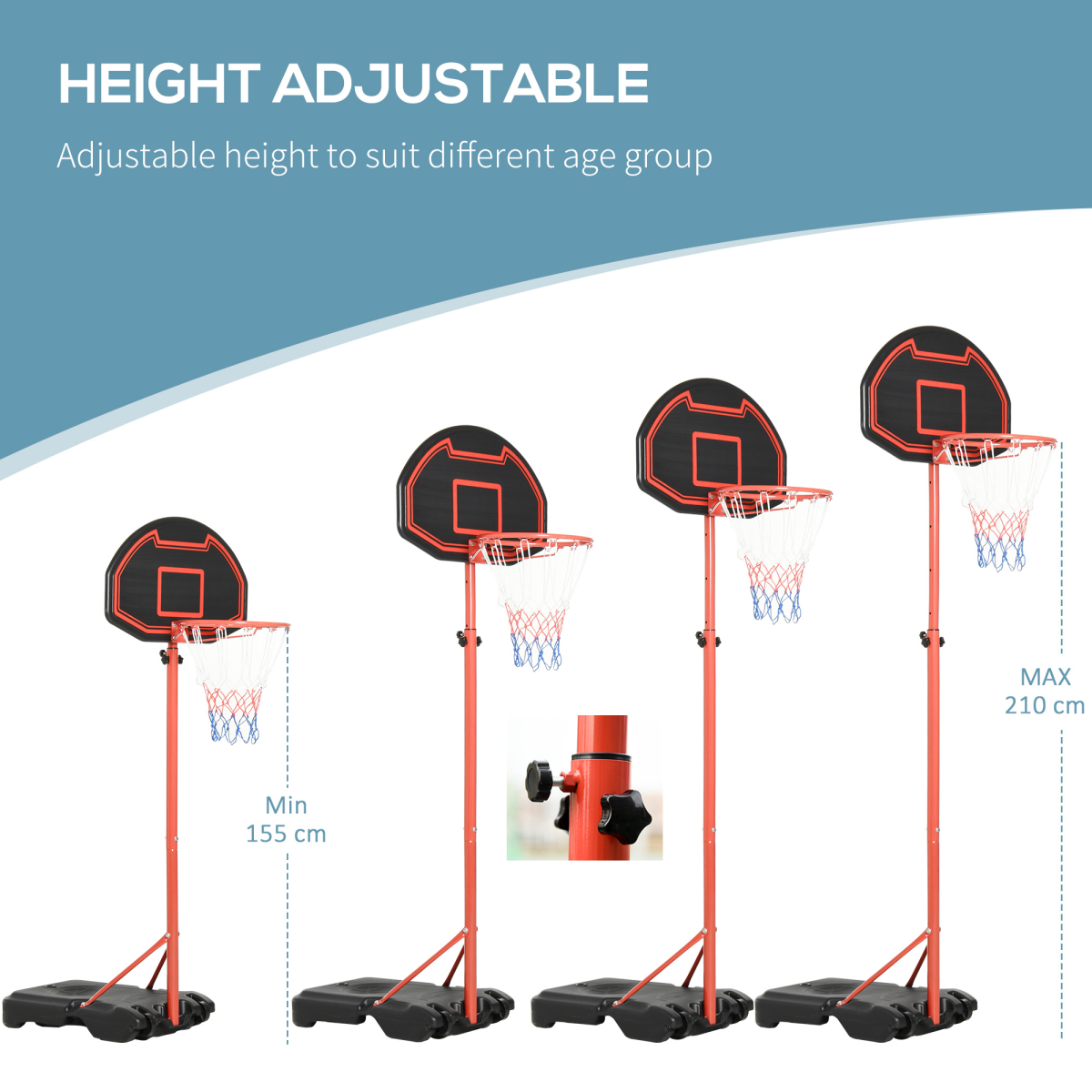 200-250cm Adjustable Basketball Hoop Backboard with Wheels For Kids