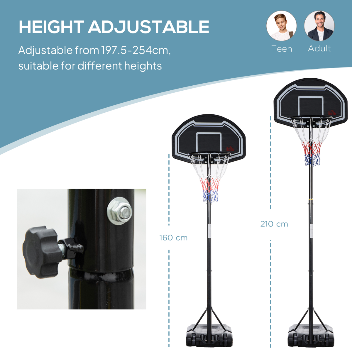 Adjustable Basketball Hoop Stand with Wheels and Weight Base 1.6-2.1m