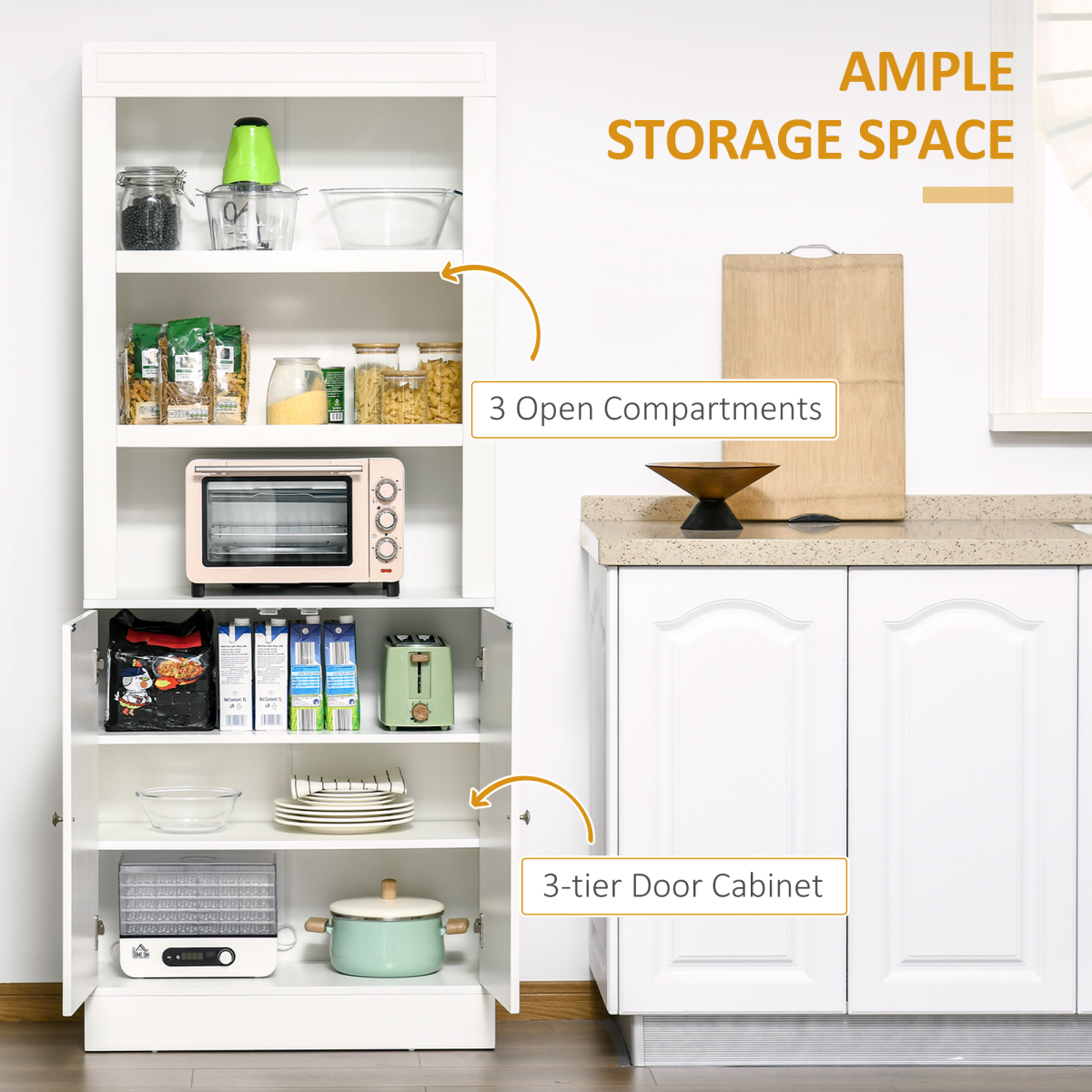 Kitchen Cupboard with 6-tier Shelving, Sideboard Double-door , White