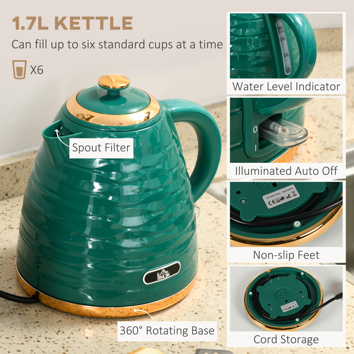 Kettle and Toaster Set 1.7L Rapid Boil Kettle and 4 Slice Toaster Green