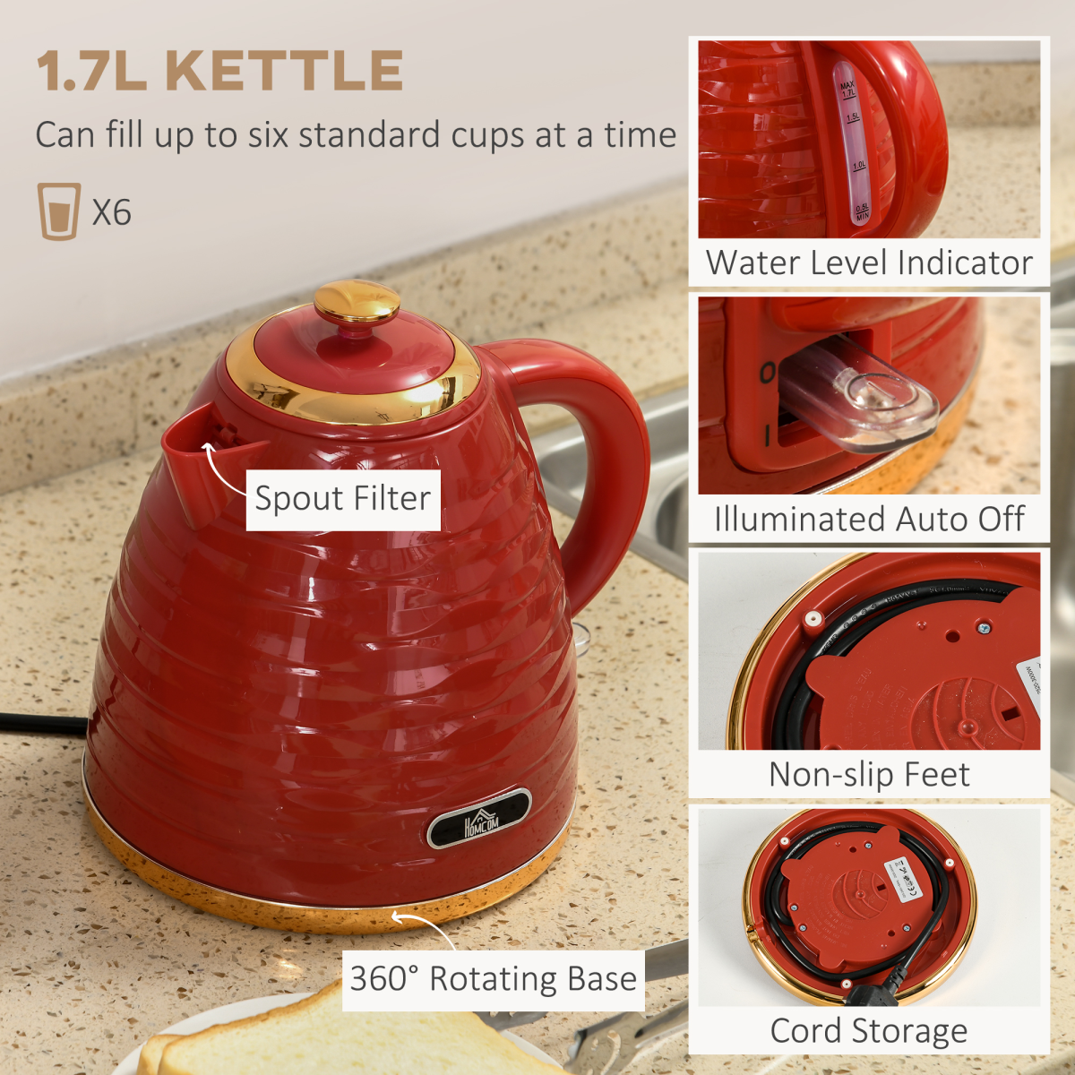 Kettle and Toaster Set 1.7L Rapid Boil Kettle and 4 Slice Toaster Red