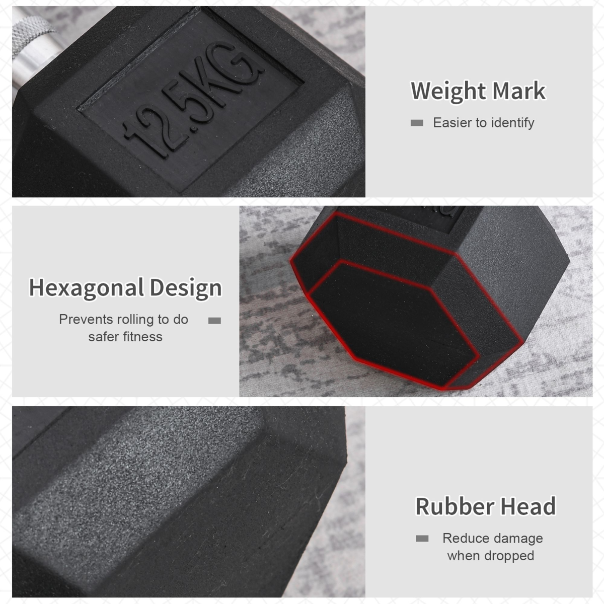 12.5KG Single Rubber Hex Dumbbell Portable Hand Weights for Home Gym