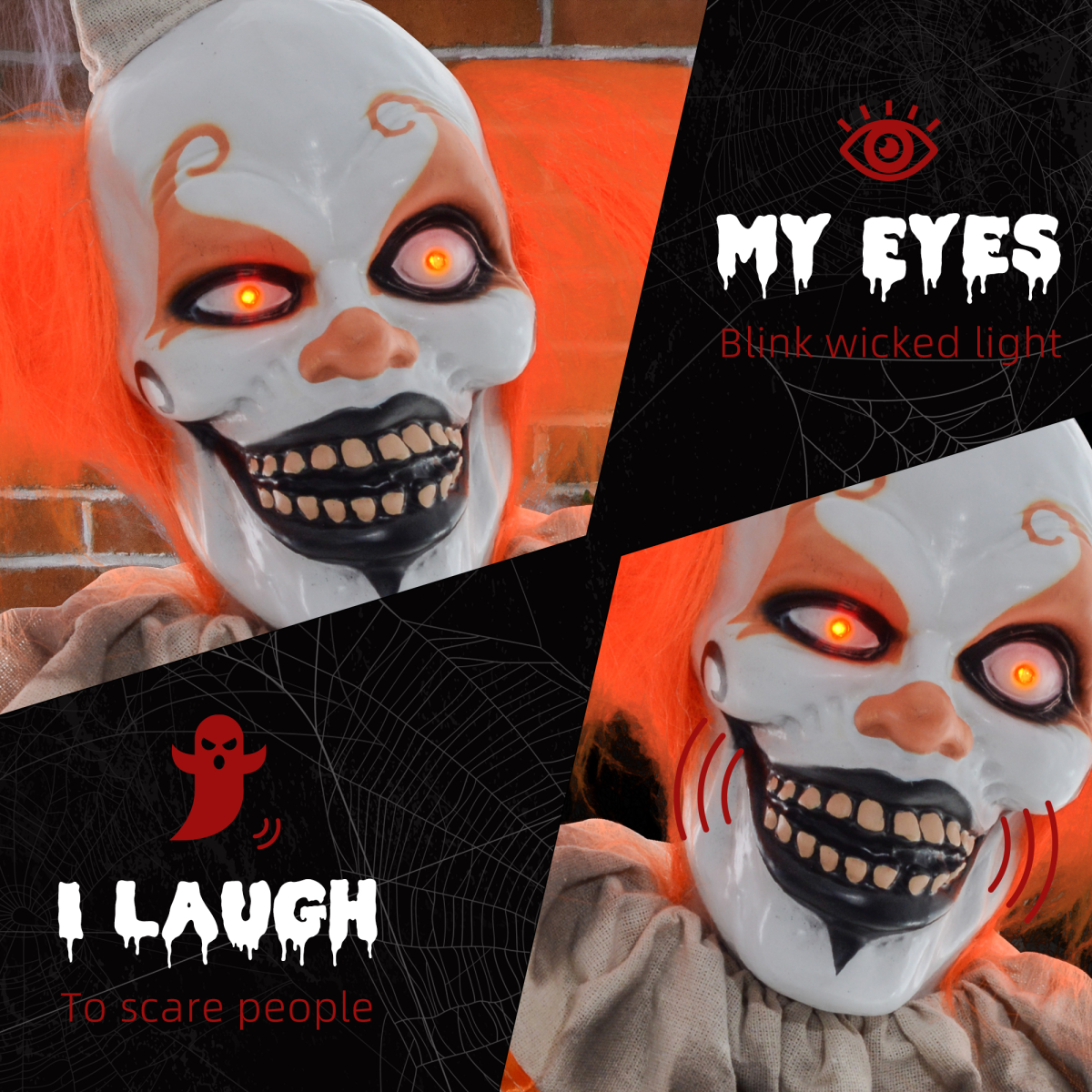 Halloween Clown Animatronic Prop with Light Up Eyes, for Indoor Outdoor, Orange Clown