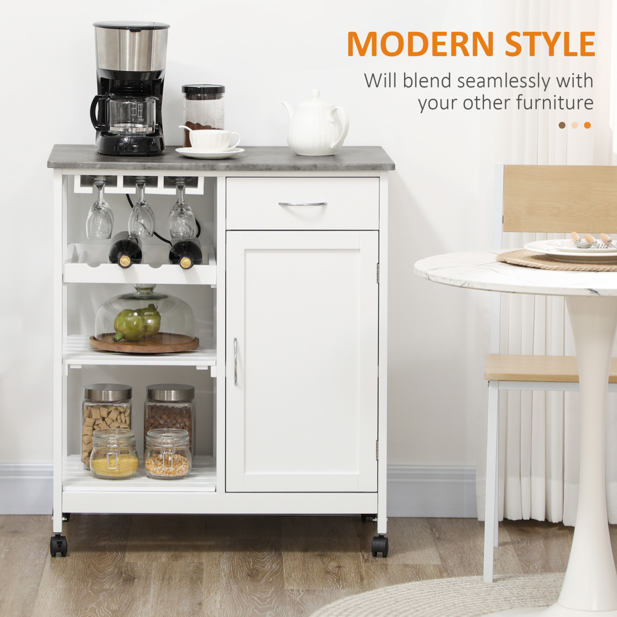 Kitchen Trolley Utility Cart on Wheels with Wine Rack, Drawer, Open Shelf