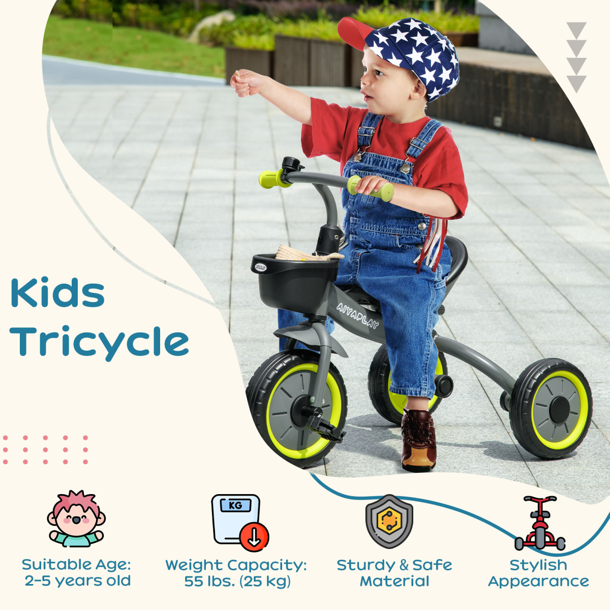 Aiyaplay Trike with Adjustable Seat Basket Kids Tricycle for 2-5 Years Old Black