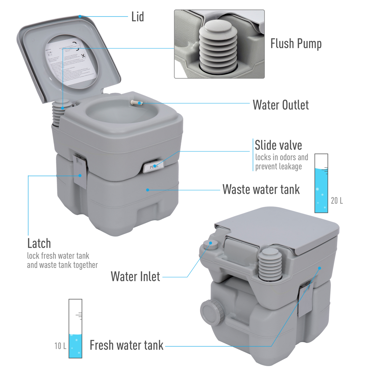 20L Camping Toilet Portable Travel WC Caravan Picnic Fishing Restroom