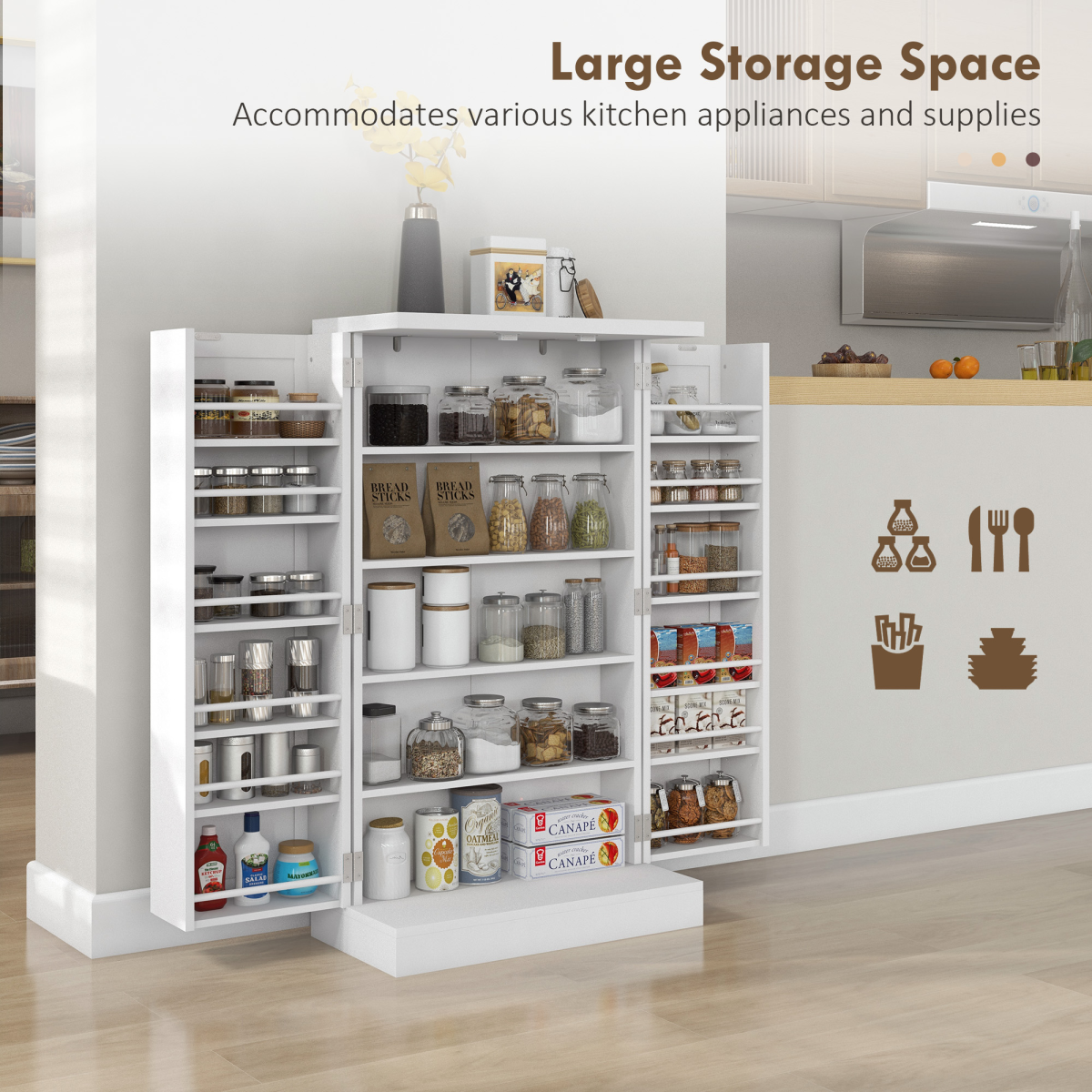 Kitchen Cupboard with Double Doors, 5-Tier Shelf, 12 Spice Racks, White