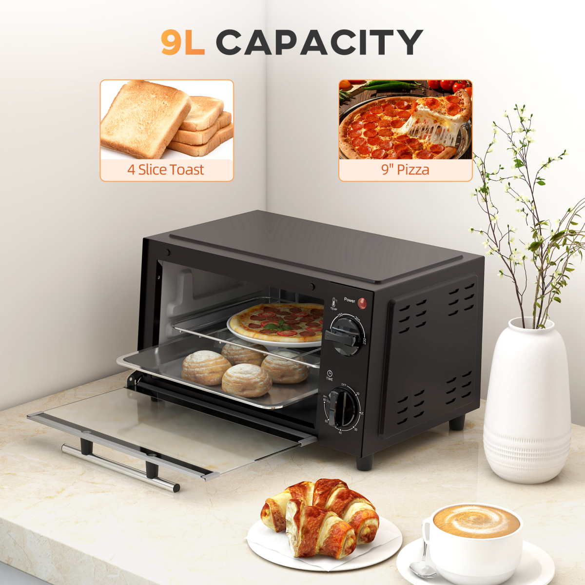 Mini Oven, 9L Countertop Electric Grill, Toaster Oven 750W